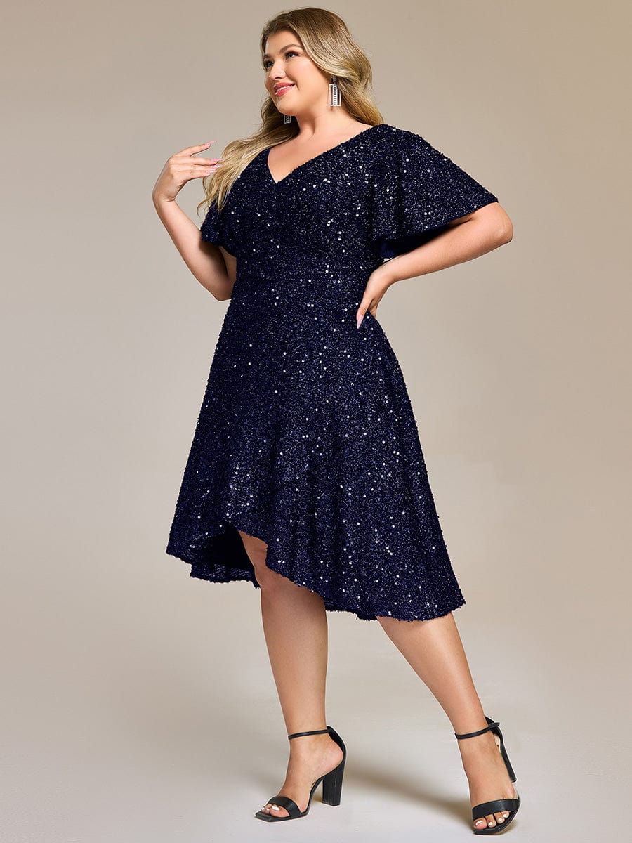 ever CALISTEA|Deep V-neck Sequin Ruffle Sleeve Formal Dress