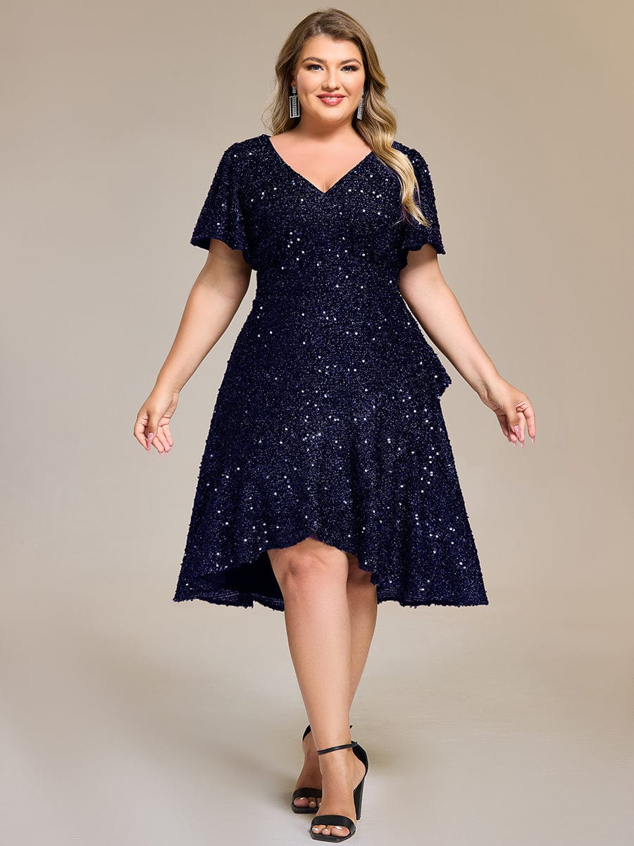 ever CALISTEA|Deep V-neck Sequin Ruffle Sleeve Formal Dress