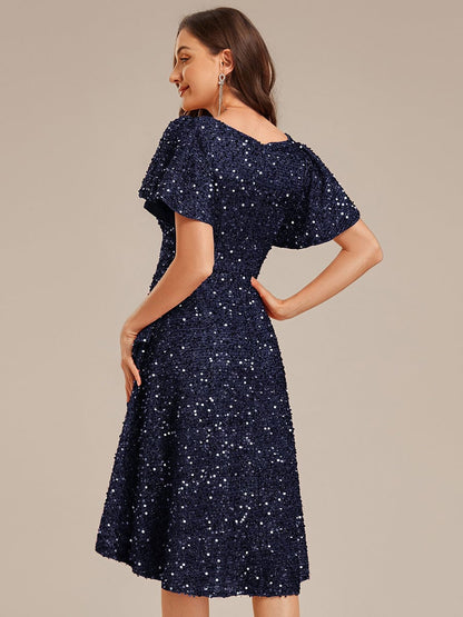 ever CALISTEA|Deep V-neck Sequin Ruffle Sleeve Formal Dress