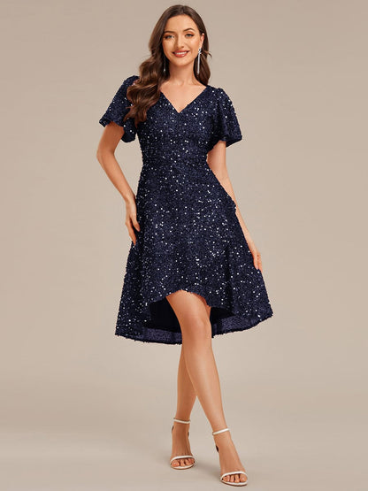 ever CALISTEA|Deep V-neck Sequin Ruffle Sleeve Formal Dress