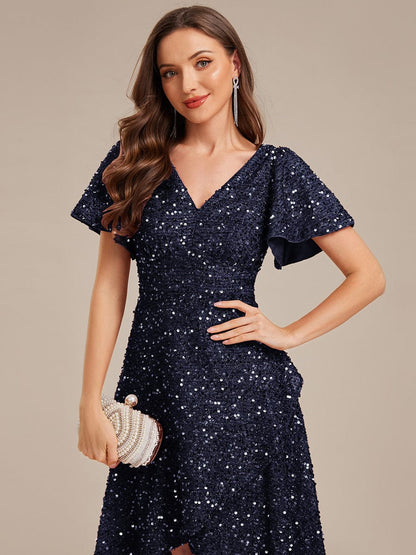 ever CALISTEA|Deep V-neck Sequin Ruffle Sleeve Formal Dress