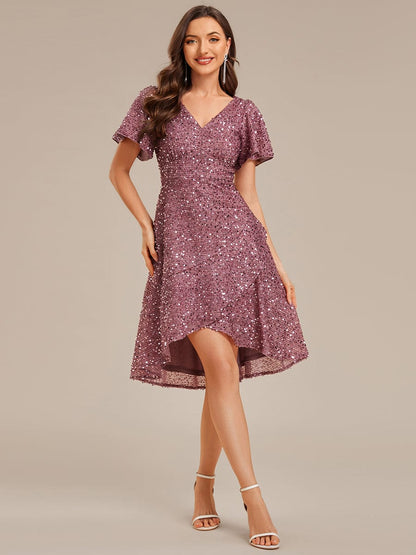 ever CALISTEA|Deep V-neck Sequin Ruffle Sleeve Formal Dress