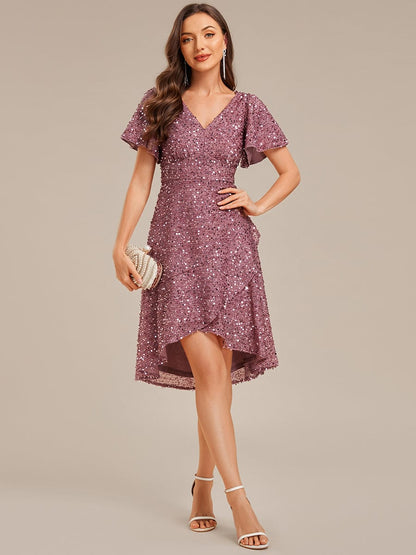 ever CALISTEA|Deep V-neck Sequin Ruffle Sleeve Formal Dress