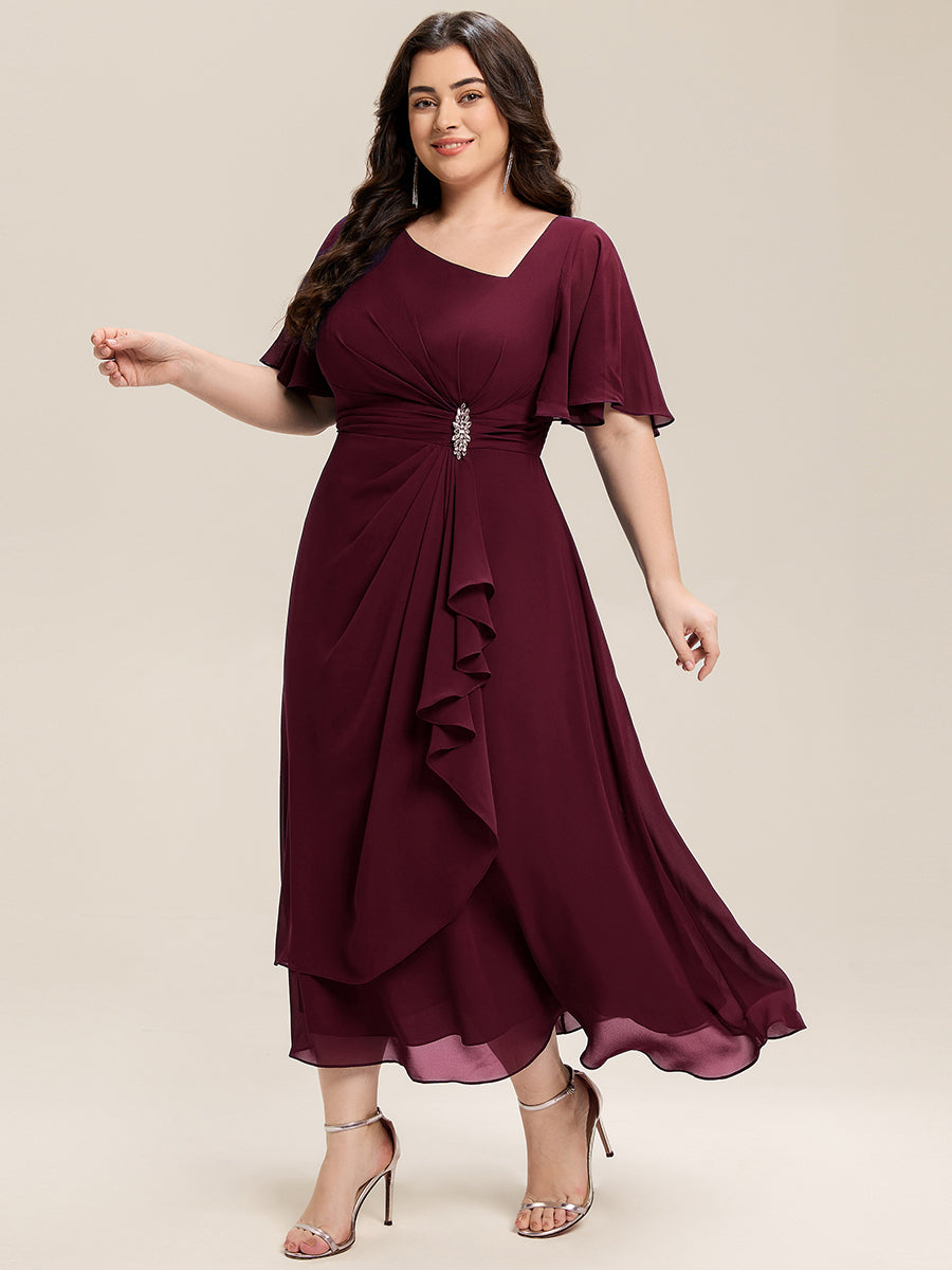 pretty LILOU| Plus Size Pleated Chiffon Ruffle Sleeve Midi Dress