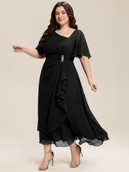 pretty LILOU| Plus Size Pleated Chiffon Ruffle Sleeve Midi Dress