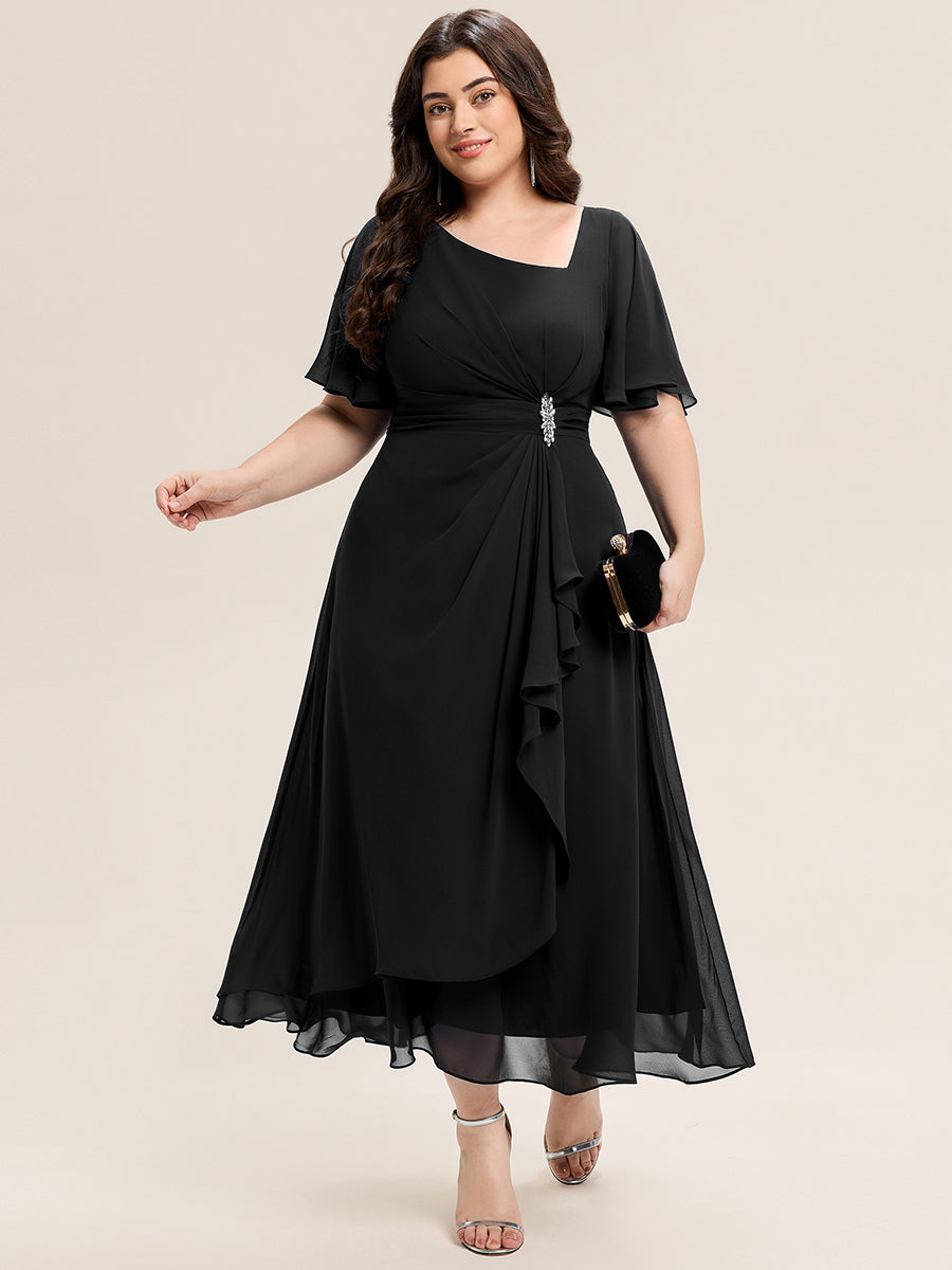 pretty LILOU| Plus Size Pleated Chiffon Ruffle Sleeve Midi Dress