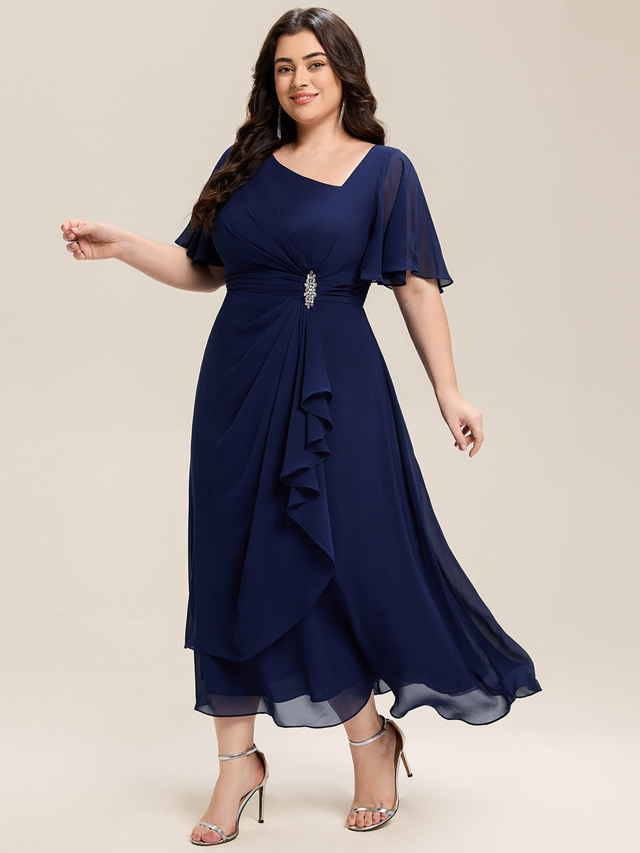 pretty LILOU| Plus Size Pleated Chiffon Ruffle Sleeve Midi Dress