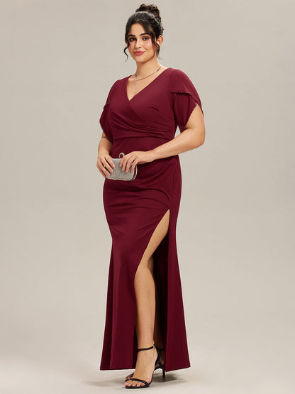 pretty EZRA| Plus Size Thigh-High SlitTulip Sleeve Formal Dress