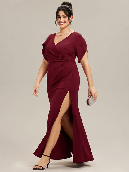 pretty EZRA| Plus Size Thigh-High SlitTulip Sleeve Formal Dress