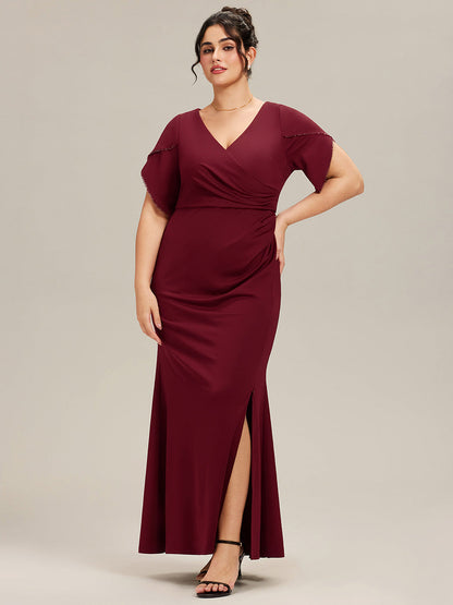 pretty EZRA| Plus Size Thigh-High SlitTulip Sleeve Formal Dress