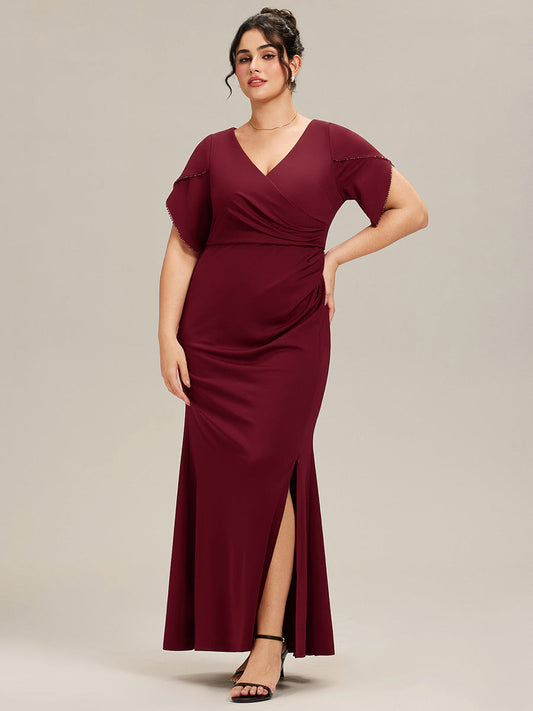 pretty EZRA| Plus Size Thigh-High SlitTulip Sleeve Formal Dress