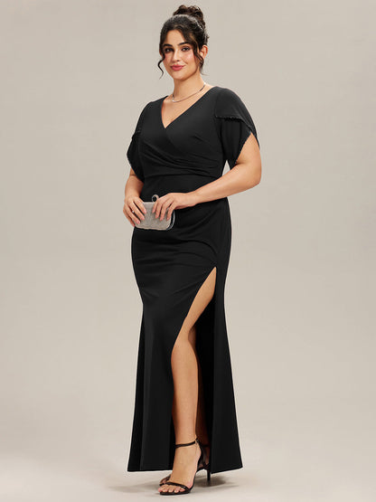 ever EZRA| Thigh-High Slit Tulip Sleeve Evening Dress