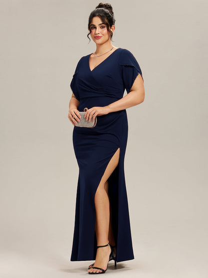 pretty EZRA| Plus Size Thigh-High SlitTulip Sleeve Formal Dress