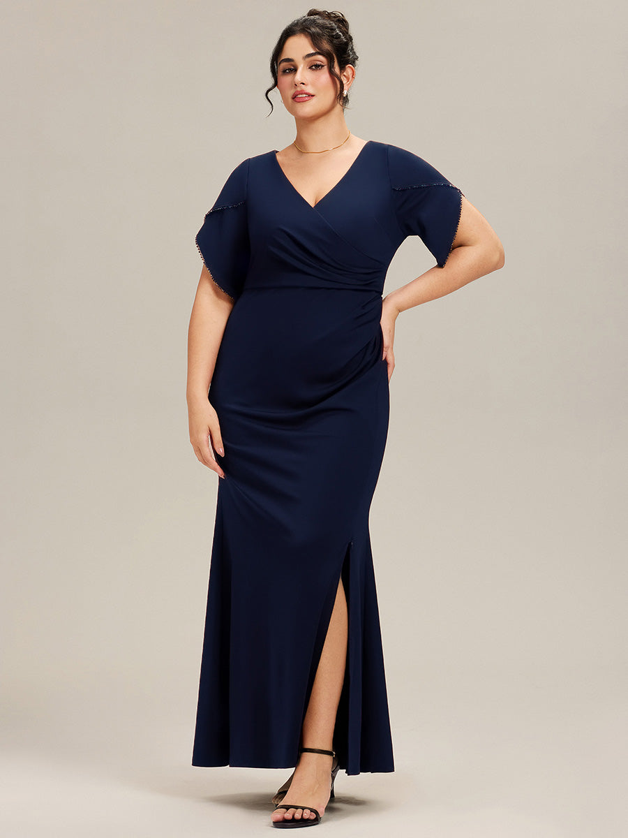 pretty EZRA| Plus Size Thigh-High SlitTulip Sleeve Formal Dress