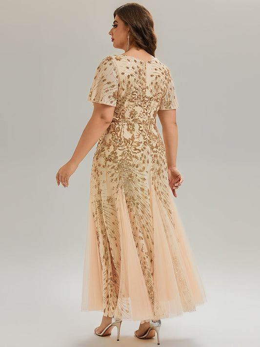 Plus Size Embroidered Sequin Ruffle Sleeve Evening Dress