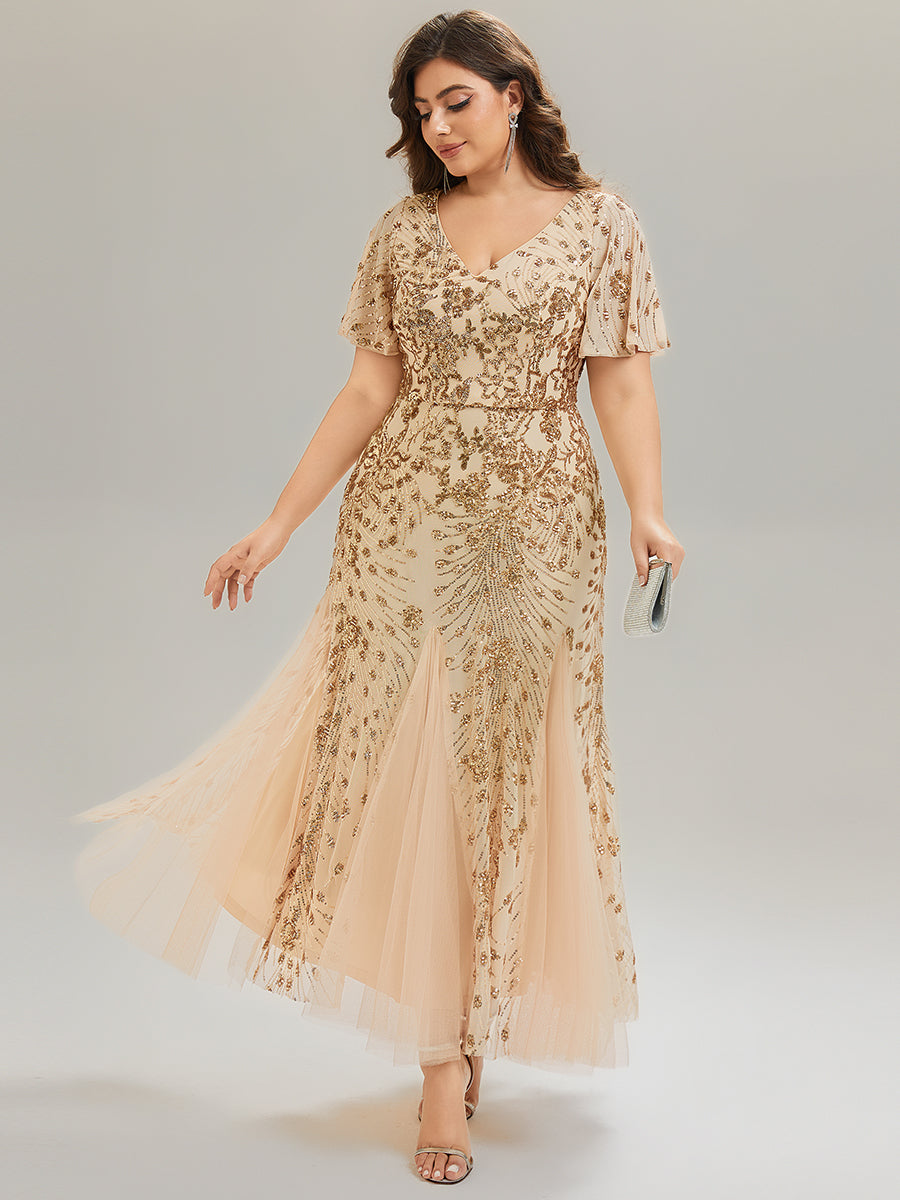 Plus Size Embroidered Sequin Ruffle Sleeve Evening Dress