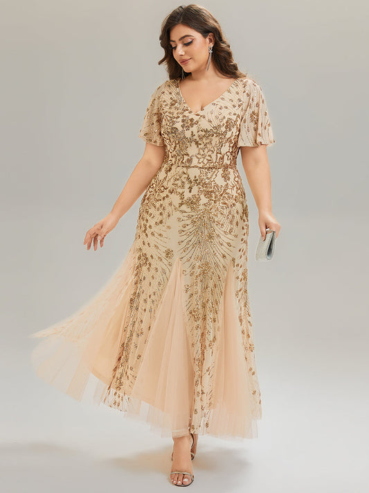 Plus Size Embroidered Sequin Ruffle Sleeve Evening Dress