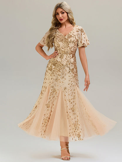 ever ANNIKA| Embroidered Sequin Ruffle Sleeve Evening Dress