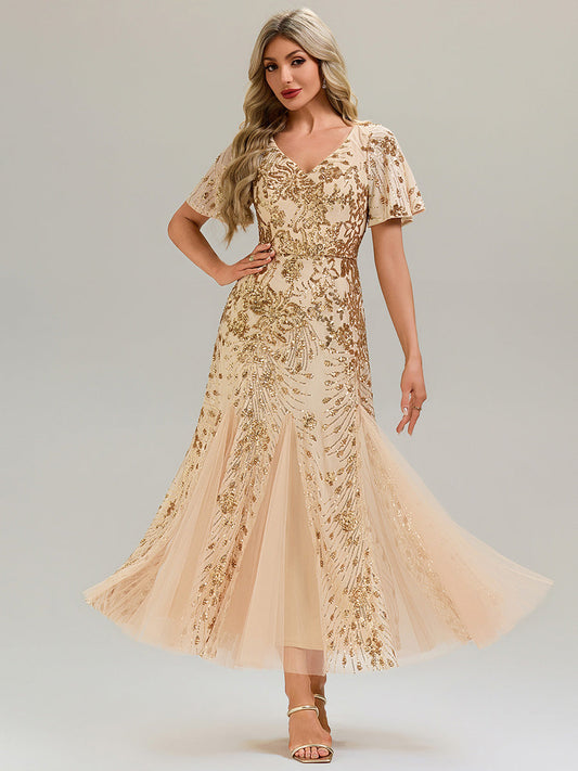 ever ANNIKA| Embroidered Sequin Ruffle Sleeve Evening Dress