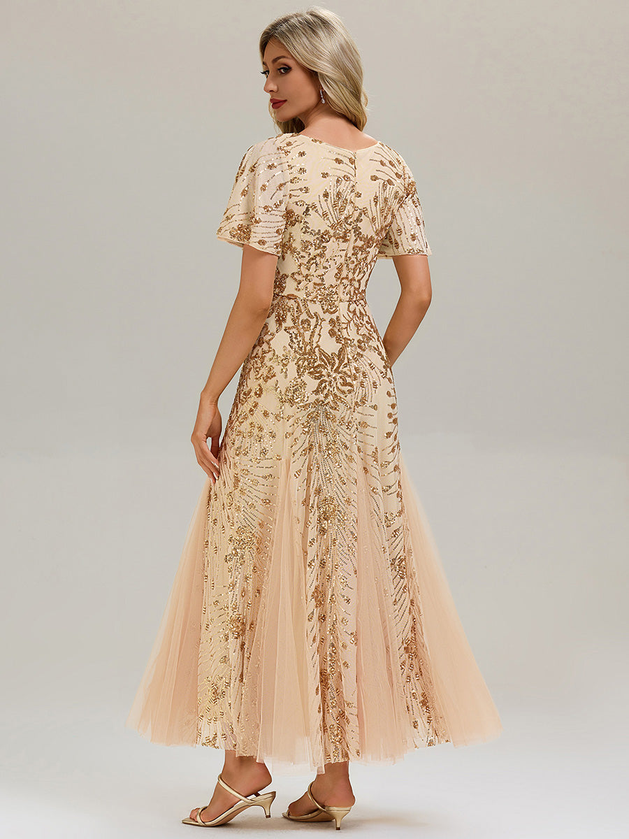 ever ANNIKA| Embroidered Sequin Ruffle Sleeve Evening Dress