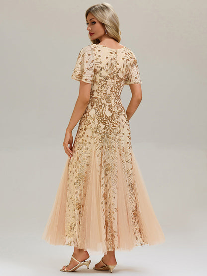 ever ANNIKA| Embroidered Sequin Ruffle Sleeve Evening Dress
