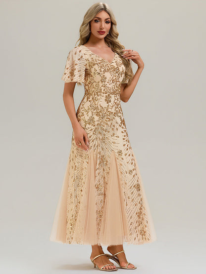 ever ANNIKA| Embroidered Sequin Ruffle Sleeve Evening Dress