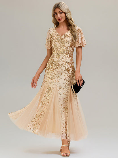 ever ANNIKA| Embroidered Sequin Ruffle Sleeve Evening Dress