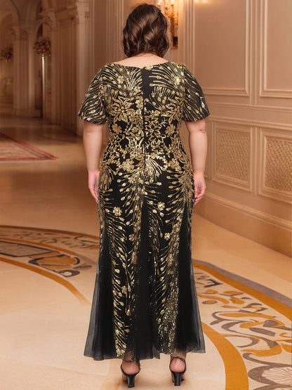 ever ANNIKA| Embroidered Sequin Ruffle Sleeve Evening Dress