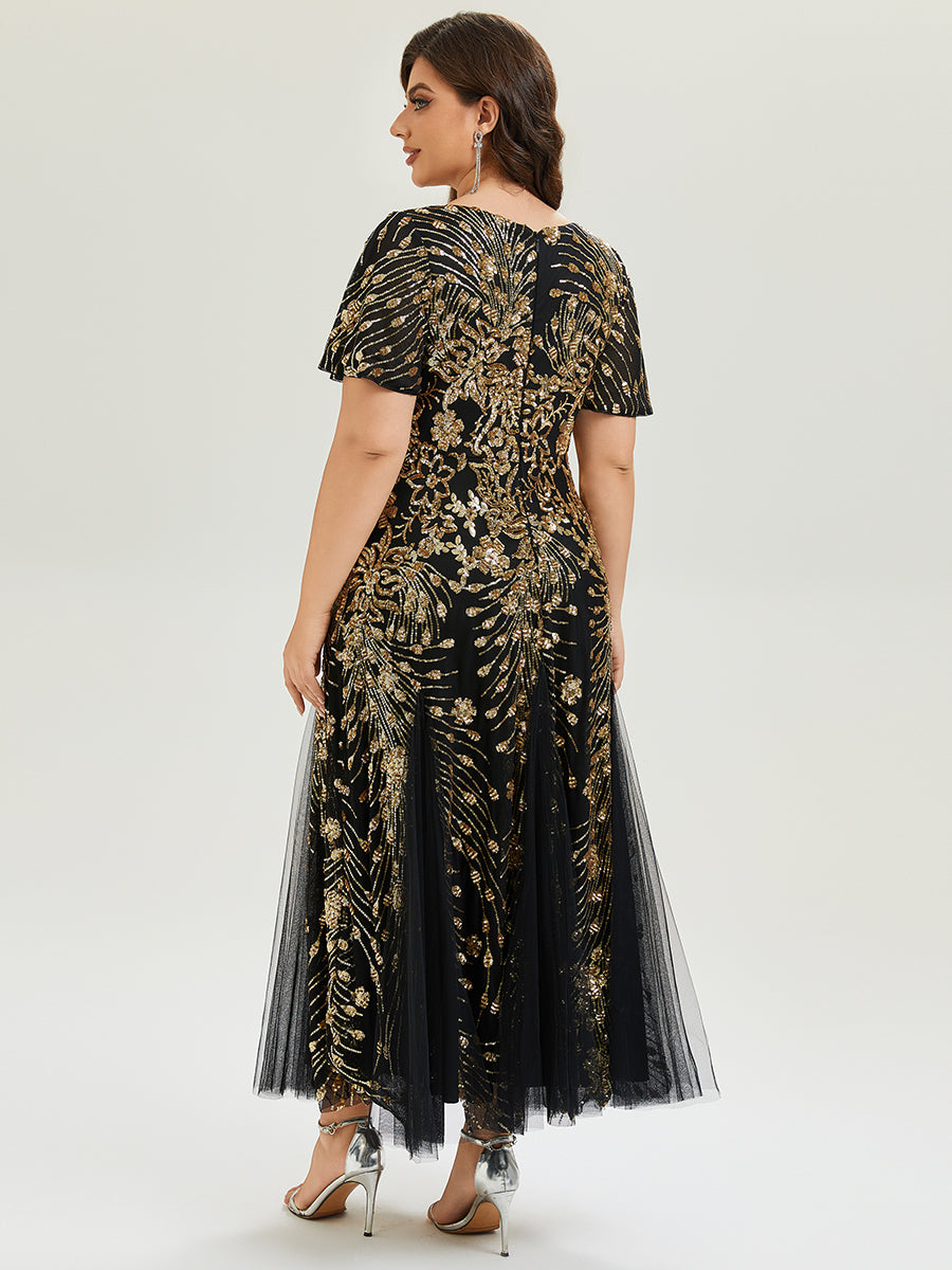 Plus Size Embroidered Sequin Ruffle Sleeve Evening Dress