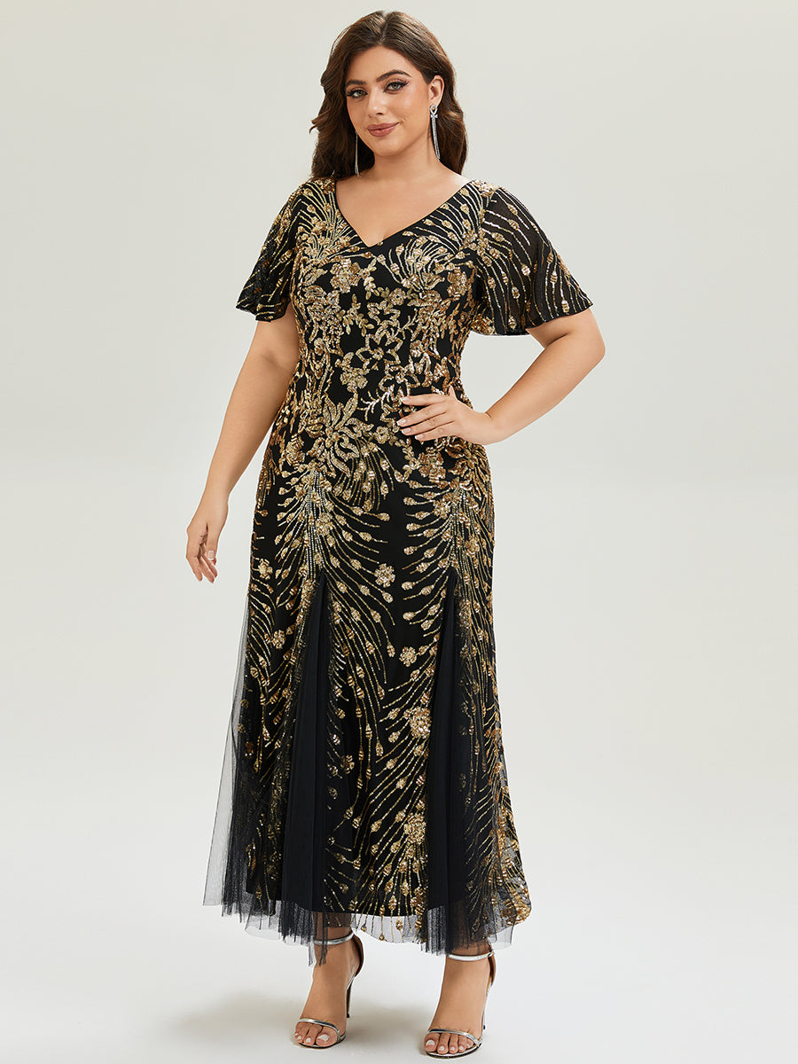 Plus Size Embroidered Sequin Ruffle Sleeve Evening Dress