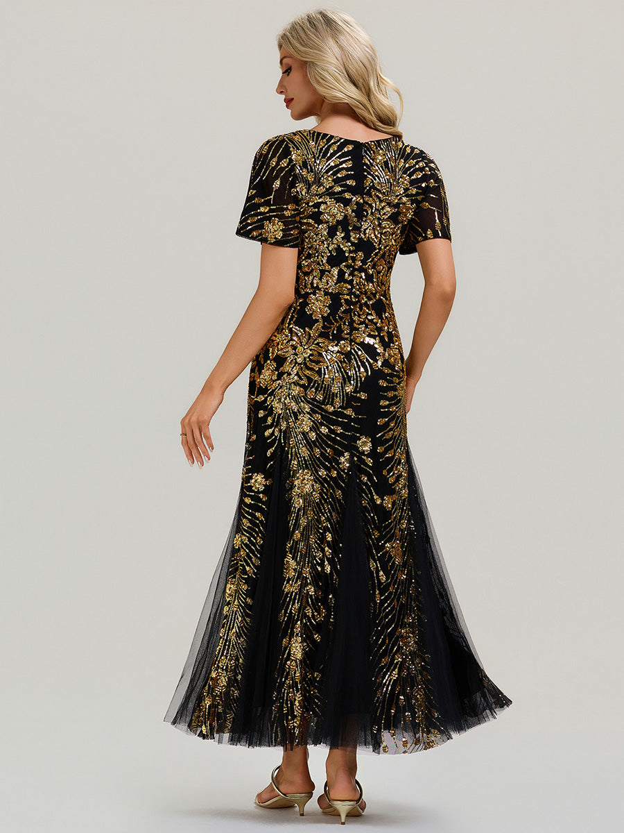 ever ANNIKA| Embroidered Sequin Ruffle Sleeve Evening Dress