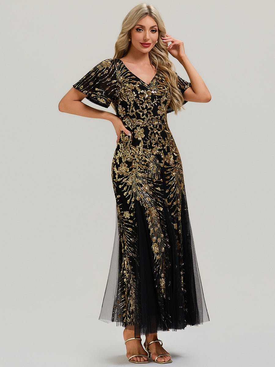 ever ANNIKA| Embroidered Sequin Ruffle Sleeve Evening Dress