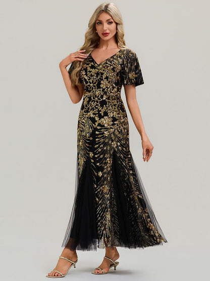ever ANNIKA| Embroidered Sequin Ruffle Sleeve Evening Dress