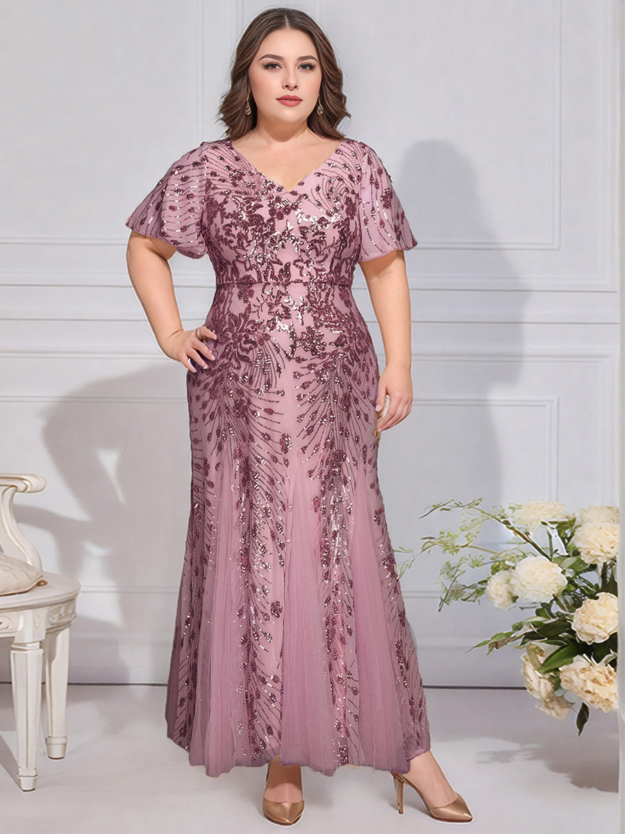 ever ANNIKA| Embroidered Sequin Ruffle Sleeve Evening Dress