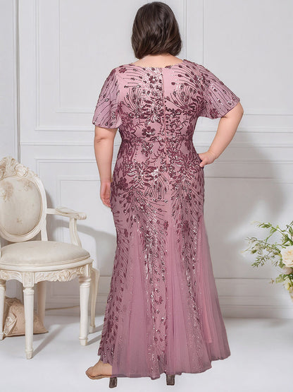 ever ANNIKA| Embroidered Sequin Ruffle Sleeve Evening Dress