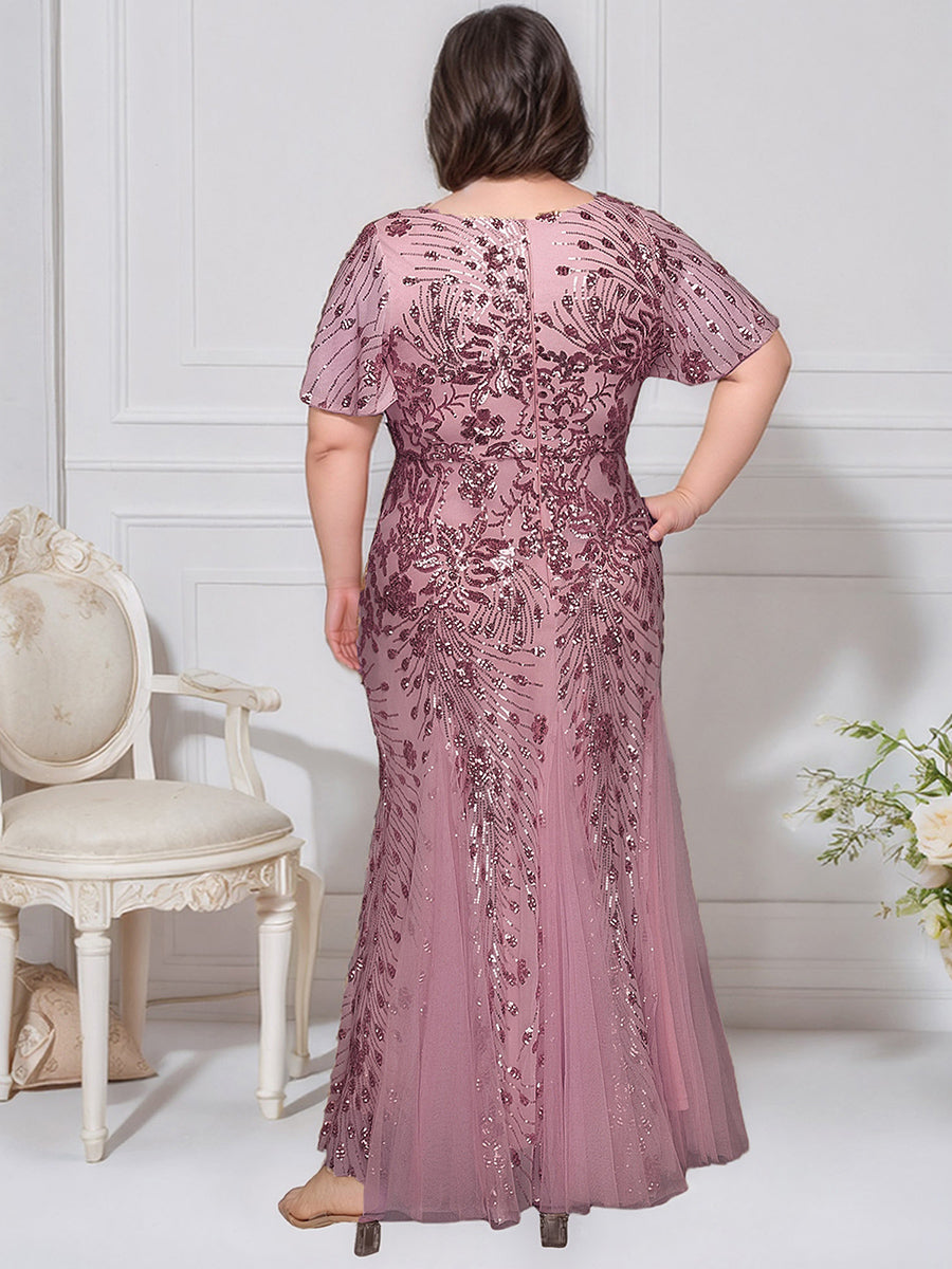 Plus Size Embroidered Sequin Ruffle Sleeve Evening Dress