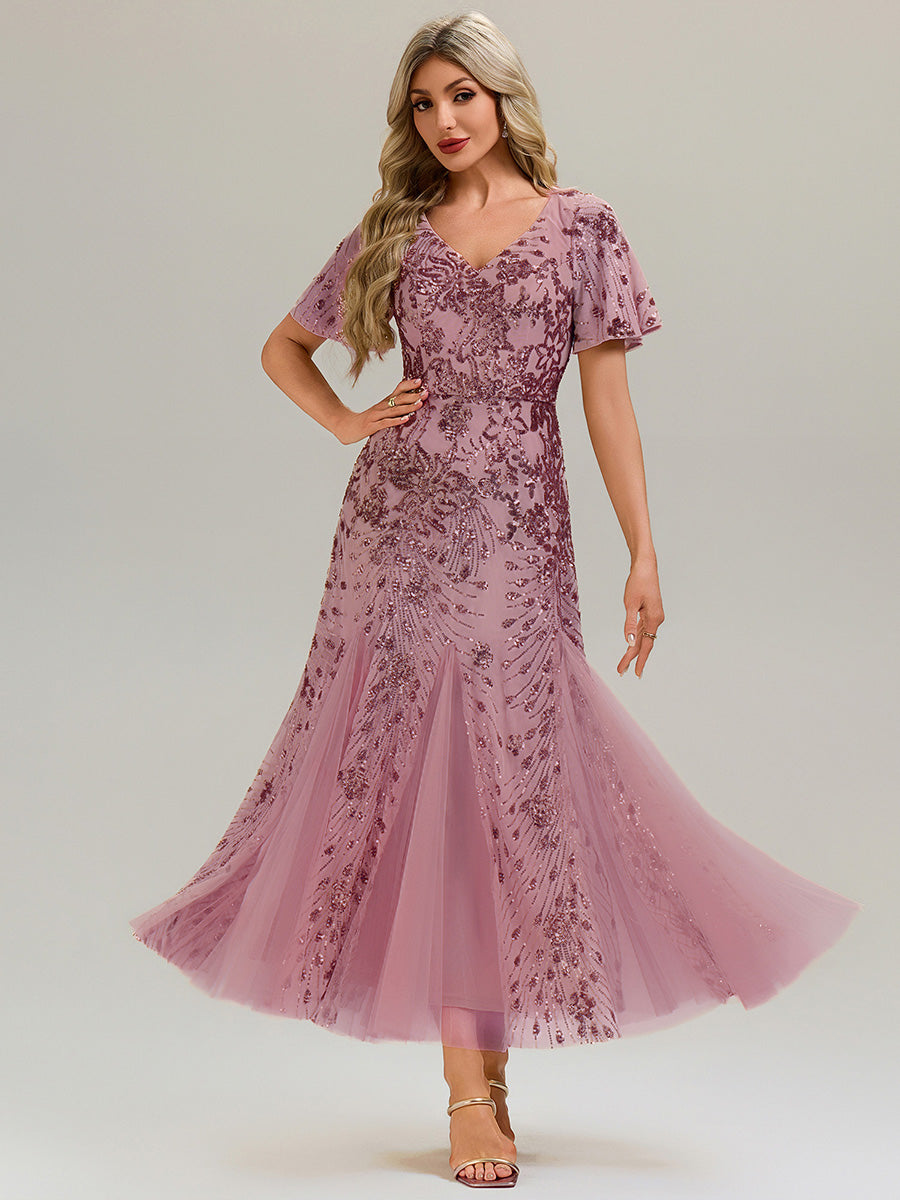 ever ANNIKA| Embroidered Sequin Ruffle Sleeve Evening Dress
