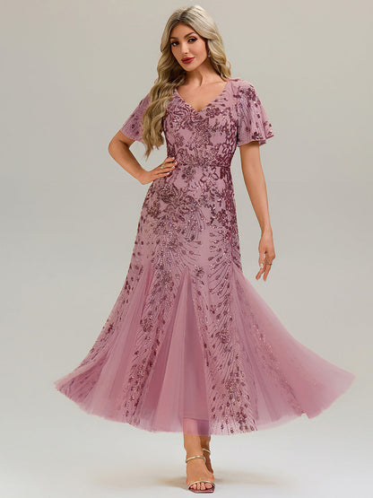 ever ANNIKA| Embroidered Sequin Ruffle Sleeve Evening Dress