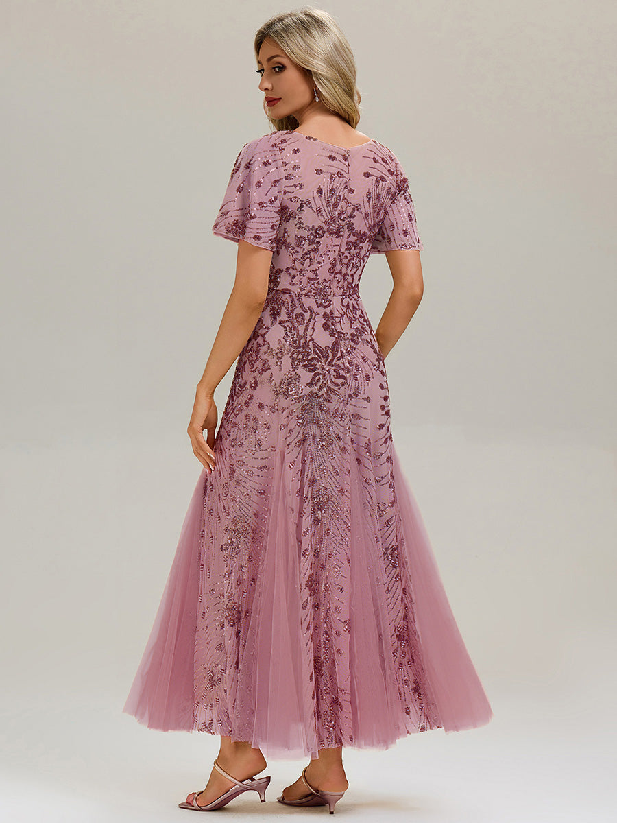 ever ANNIKA| Embroidered Sequin Ruffle Sleeve Evening Dress