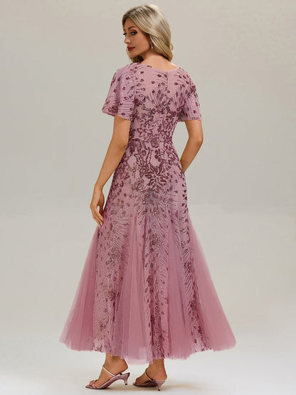 ever ANNIKA| Embroidered Sequin Ruffle Sleeve Evening Dress