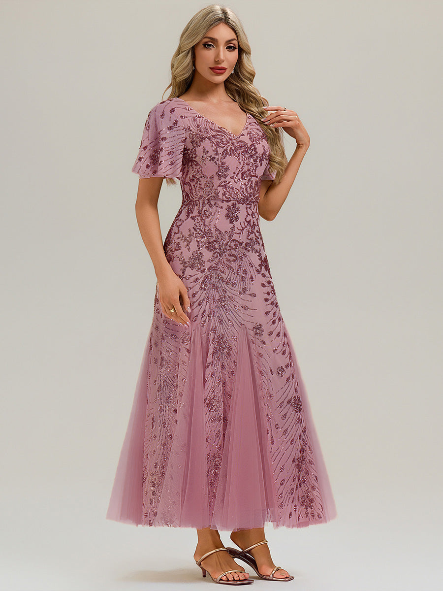ever ANNIKA| Embroidered Sequin Ruffle Sleeve Evening Dress