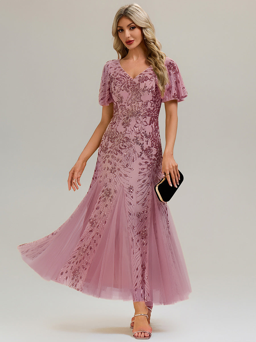 ever ANNIKA| Embroidered Sequin Ruffle Sleeve Evening Dress
