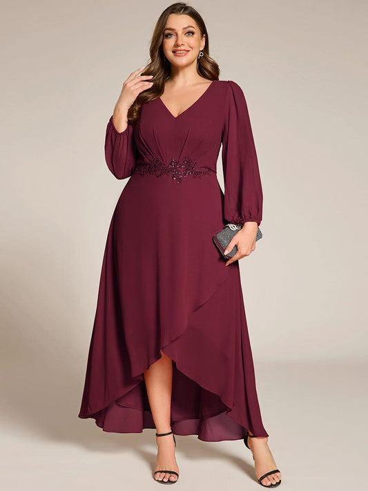 ever MARYAM|Plus Size V-Neck Long Sleeves Chiffon Formal Evening Dress with Applique