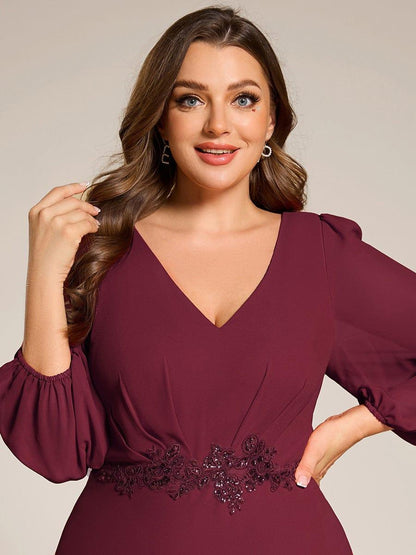 ever MARYAM|Plus Size V-Neck Long Sleeves Chiffon Formal Evening Dress with Applique