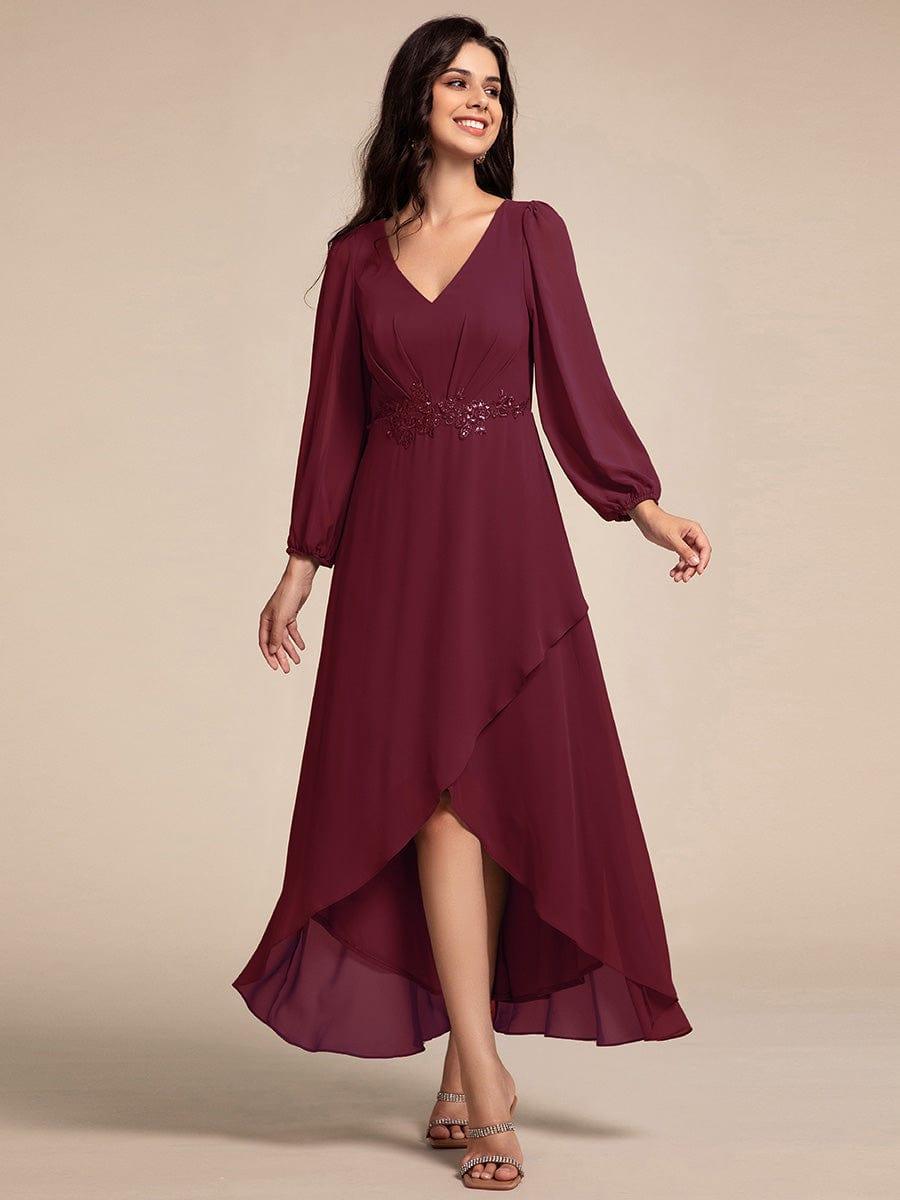 ever MARYAM|Long Lantern Sleeves Waist Applique Chiffon Formal Evening Dress