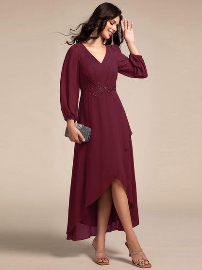 ever MARYAM|Long Lantern Sleeves Waist Applique Chiffon Formal Evening Dress