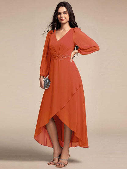 ever MARYAM|Long Lantern Sleeves Waist Applique Chiffon Formal Evening Dress