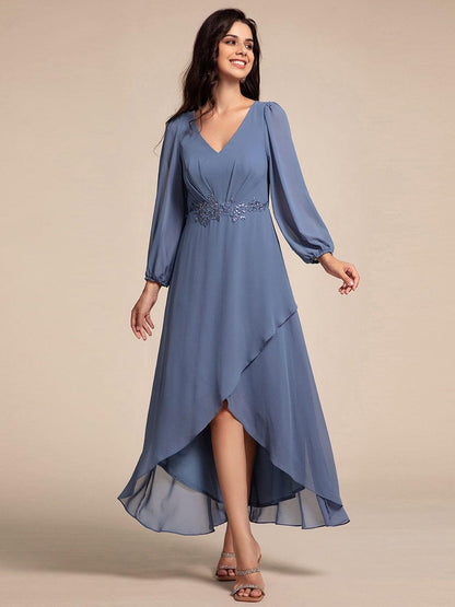 ever MARYAM|Long Lantern Sleeves Waist Applique Chiffon Formal Evening Dress