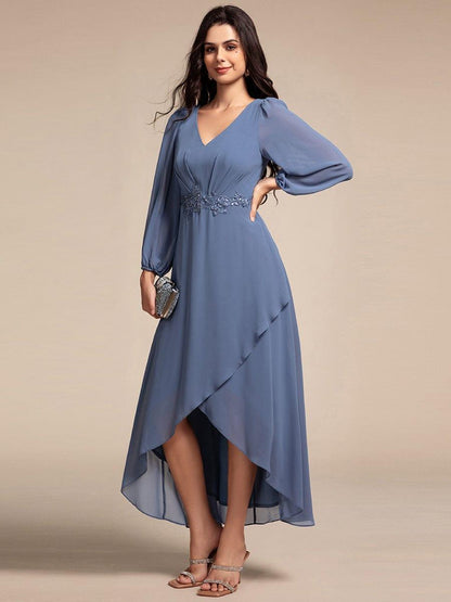 ever MARYAM|Long Lantern Sleeves Waist Applique Chiffon Formal Evening Dress