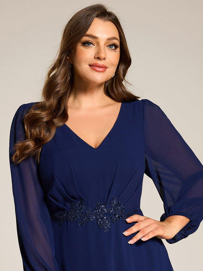 ever MARYAM|Plus Size V-Neck Long Sleeves Chiffon Formal Evening Dress with Applique